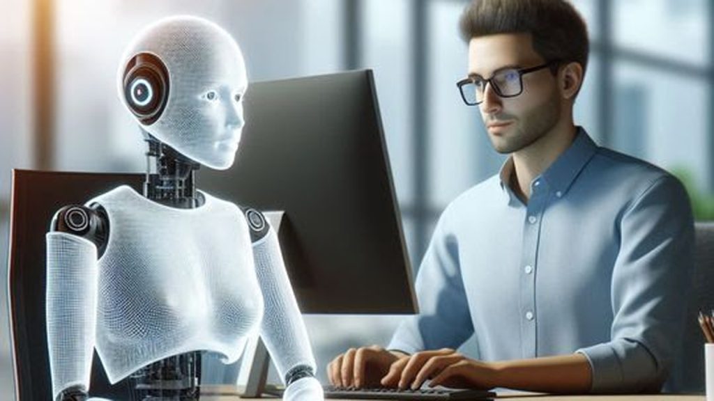 Billedet her er lavet ved hjælp af Copilot, som er en kunstig intelligens, der kan frembringe billeder ud af fra givne ord. Her var ordene til Copilot: "En gennemsigtig assistent der sidder ved siden af medarbejder ved en computer".