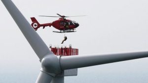 En helikopter, der dagligt kan flyve op til 20 gange mellem Hvide Sande og havvindmøllerne, har vakt bekymring, flere borgerne frygter støjgener og en byudvikling foto. BAG illustration