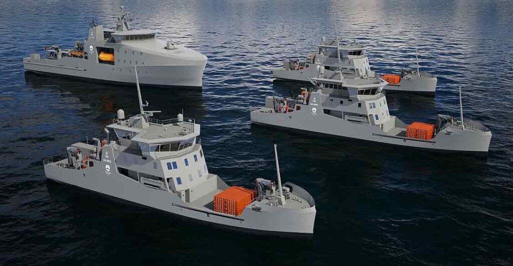 Forsvarsministeriets Materiel- og Indkøbsstyrelse (FMI) har tidligere på året skrevet kontrakt på nye havmiljø- og minelægningsfartøjer, som leveres af Konsortiet Orlogsskibe Danmark K/S. Konsortiet består af de tre danske virksomheder OSK Design A/S, Karstensens Skibsværft A/S og Hvide Sande Shipyard. foto: Forsvaret